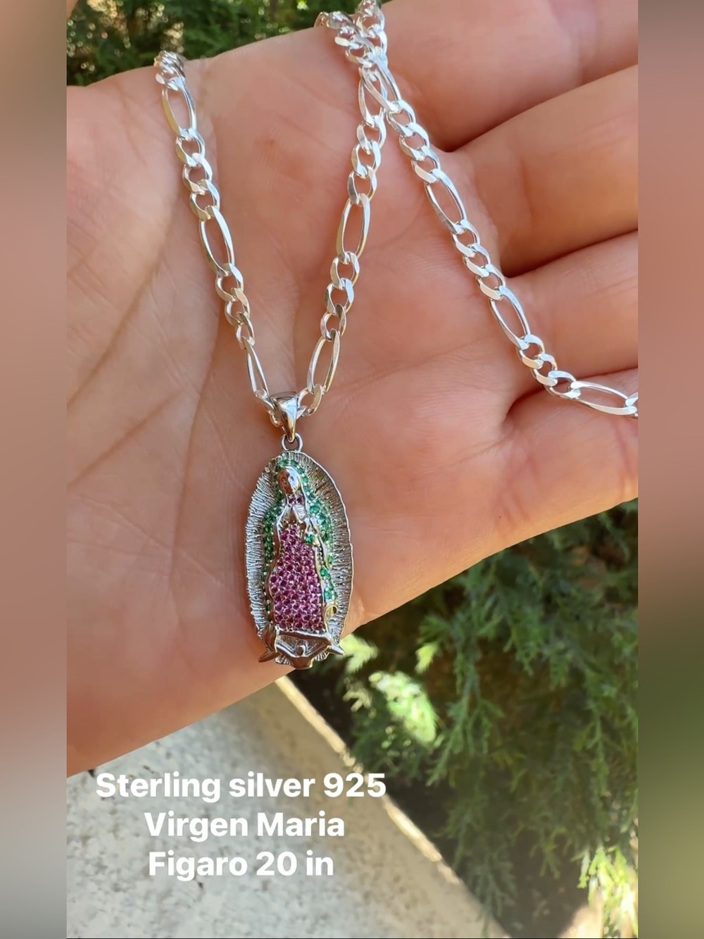 Sterling Silver 925 Virgin Mary Pendant Necklace with Pink and Green Accents